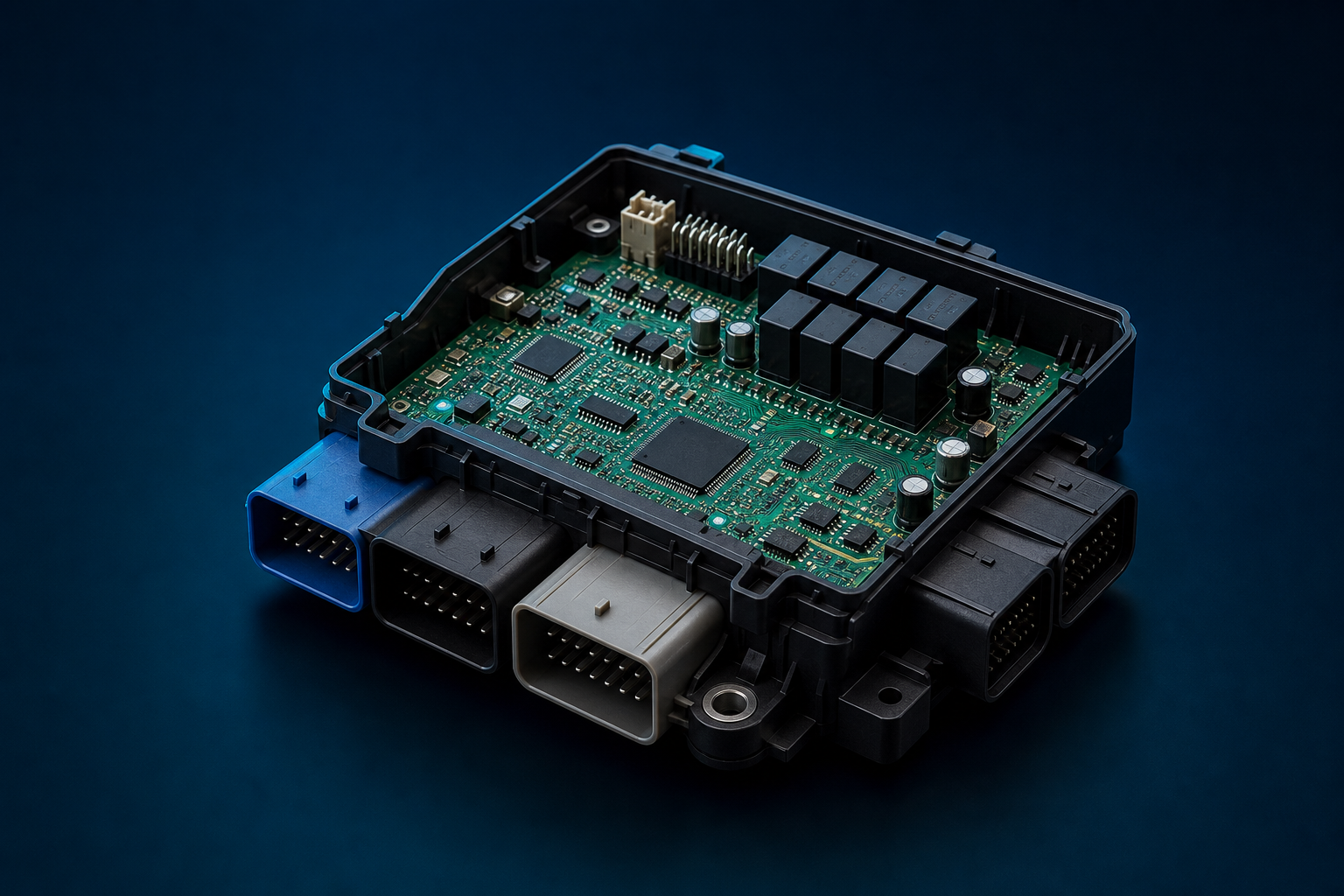 M&oacute;dulo BCM automotriz ficticio con circuito electr&oacute;nico visible